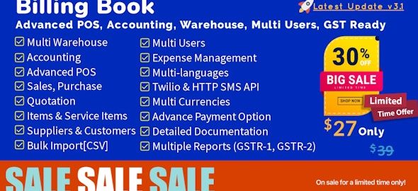 Billing Book – Advanced POS, Inventory, Accounting, Warehouse, Multi Users, GST Ready v3.1 Nulled